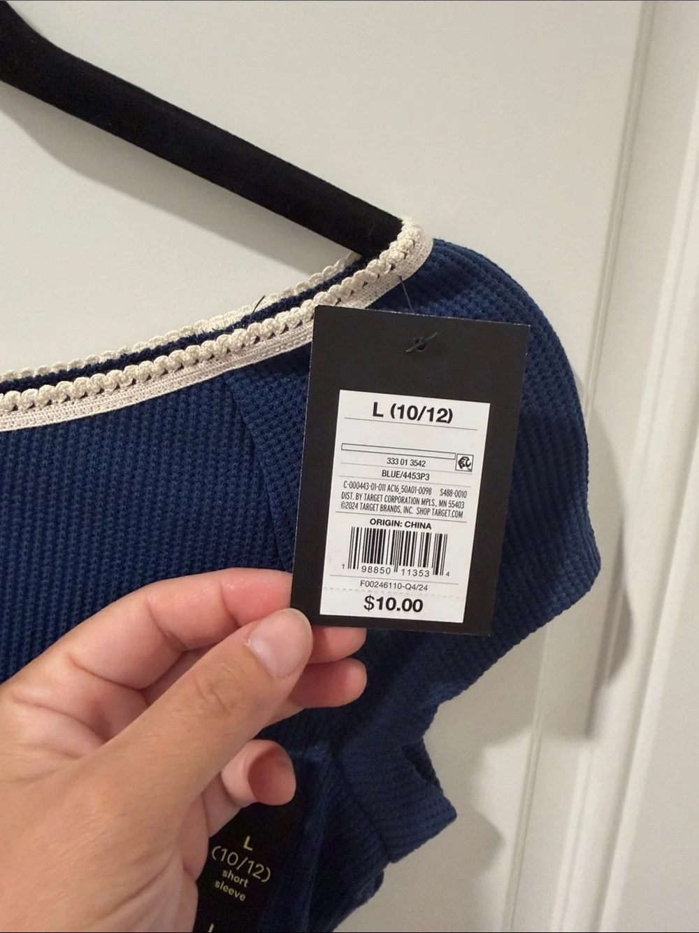 Girls 10/12 Navy Short Sleeve Top with Cream Trim NWT